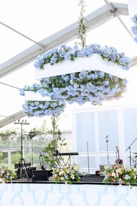 Hydrangeas At Wedding, Pastel Hydrangea Wedding, Hanging Hydrangeas Wedding, Dance Floor Floral Installation, Hanging Wedding Florals, French Blue Wedding Theme, Wedding Floral Ceiling, Hydrangea Ceiling, Hydrangea Chandelier