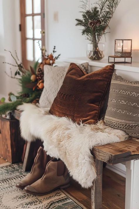 Entryway Essentials: Christmas Theme Benches Christmas Entryway Bench, Entryway Essentials, High Back Bench, Christmas Entryway, Vintage Bench, Green Palette, Holiday Pillows, Decor Essentials, Online Interior Design