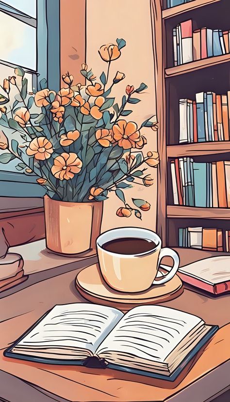 Books And Coffee, Coffee Drawing, Doodle Ideas, Coffee Illustration, Book Wallpaper, Girly Art Illustrations, Cool Wallpapers Art, Coffee And Books, Dreamy Art