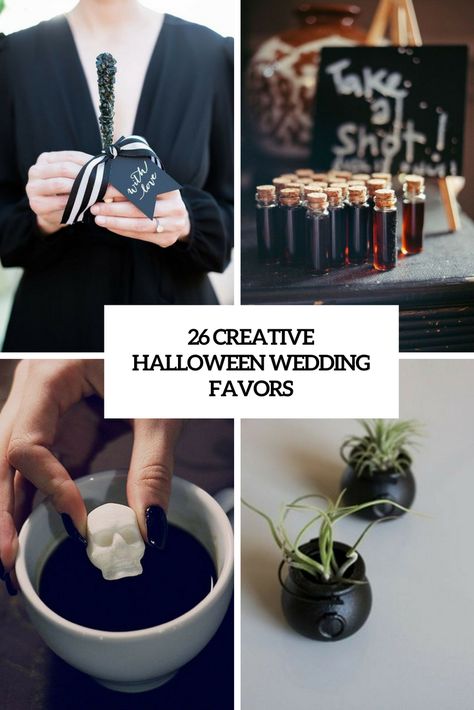 creative halloween wedding favors cover Cheap Halloween Wedding Ideas, Halloween Wedding Favours, Spooky Wedding Shower Ideas, Goth Party Favors, Costume Party Wedding Reception, Halloween Wedding Favors For Guests, Gothic Wedding Favors For Guests, Spooky Wedding Favors, Goth Wedding Favors