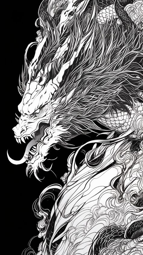 Creator: EvilMedu Japanese Art Black And White, White And Black Dragon, Dragon Black And White, Black And White Dragon, Madara Wallpaper, Dragon Wallpaper Iphone, Android Wallpaper Dark, Japanese Pop Art, Relief Printmaking