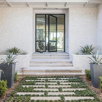 Large Gray Staggered Pavers - Cottage - Entrance/foyer Staggered Pavers, Large Concrete Pavers, Cottage Entrance, Slate Pavers, Grey Pavers, Black Pergola, Large Pavers, Kate Marker Interiors, Grey Patio