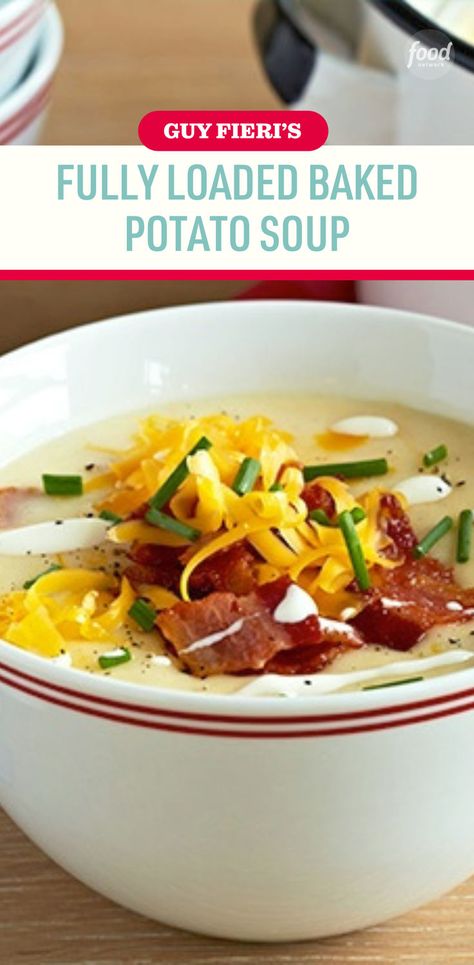 Recipe of the Day: Guy Fieri's Fully Loaded Baked Potato Soup 🥔 Get all the great flavors of a fully dressed baked potato in Guy's hearty soup. He starts by baking russet potatoes, which he mashes with milk to make a rich and creamy base. Bacon, cheese and scallions round out this incredible dish. Easy Loaded Baked Potato Soup, Easy Loaded Baked Potato, Baked Potato Soup Easy, Loaded Baked Potato Soup Recipe, Baked Potato Soup Recipe, Loaded Baked Potato, Loaded Baked Potato Soup, Baked Potato Soup, Guy Fieri