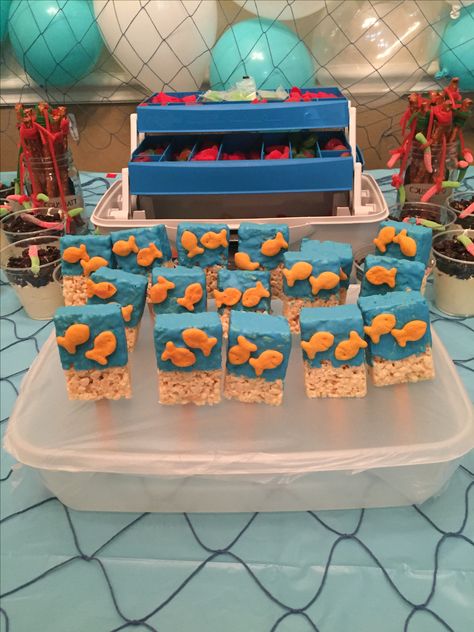 Fishing Themed Birthday Party Kids, Ofishally One Birthday Favors, Fishing Birthday Party Snacks, Fishing Themed Desserts, Fish Party Decor, Lake Themed Food, Fish Themed Gender Reveal Ideas, Fish Themed Desserts, Fishing 2nd Birthday Party