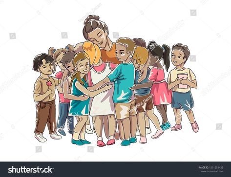 Children hugging their teacher or educator sitting down. Graduation in kindergarten. Teachers day. Friendship between youngs and adults. Isolated on white background. Flat vector cartoon illustration #Ad , #affiliate, #kindergarten#Graduation#day#Teachers Teacher Hugging Student, Teacher Picture Day Outfit, School Teacher Outfit, Teacher Picture, Teacher Outfits High School, Spring Teacher Outfits, Student Cartoon, Graduation Balloons, Kindergarten Graduation