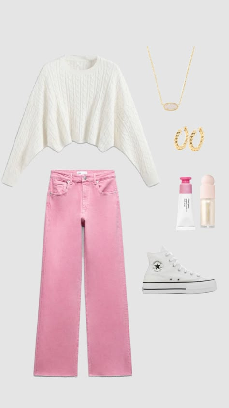 Cute Pink Jeans At Affordable Price, Cheap Trendy Pink Jeans, Cute Pink Back To School Outfits, Casual Pink Sweater For School, Preppy Outfits Pink Jeans, Shein Outfits For School, Preppy Outfits For School, Trendy Outfits For Teens, Casual Preppy Outfits