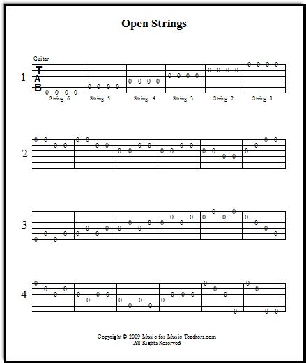 Guitar exercises all on open strings, at Music-for-Music-Teachers.com Beginner Guitar Songs, Guitar Chord Sheet, Tabs Guitar, Songs Guitar, Guitar Teaching, Guitar Tabs Acoustic, Guitar Tabs For Beginners, Guitar Exercises, Basic Guitar Lessons