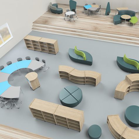 3D plan of a school library with shelving, tables and soft ottomans. School Libraries Design, Modern School Library, Library Interior Design Public, Secondary School Library Design, Primary School Library Design, Library Furniture Design, Dynamic Shelving School Library, Gros Morne, School Library Design