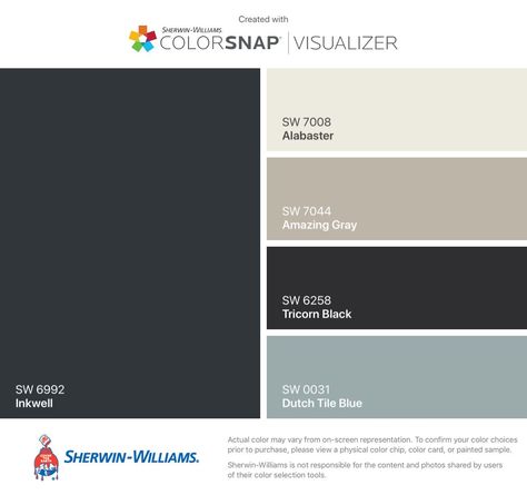 Inkwell Color Palette, Inkwell Sherwin Williams Exterior, Inkwell Sherwin Williams, Funky Farmhouse, Island Makeover, Paint Pallets, Half Painted Walls, Office Redo, Sherwin Williams Color Palette