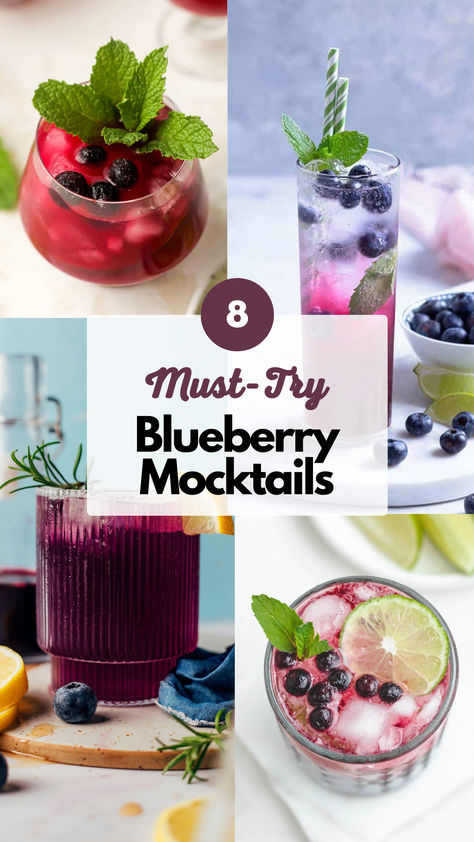 Blueberry Mocktails Blueberry Basil Mocktail, Blueberry Mint Mocktail, Blueberry Mocktail Non Alcoholic, Blueberry Mocktail Recipes, Blueberry Drinks Nonalcoholic, Blueberry Mocktail, Non Alcoholic Mocktail, Blueberry Drink, Blueberry Martini