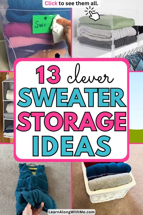 Bulky sweaters can be tricky to store and organize... but these sweater storage ideas will help.  Click to check them out and see which of these ideas will work for you. Ways To Store Sweatshirts, Sweater Organization Closet, Hoodie Storage Ideas, Sweater Storage Ideas, Wooden Closet Shelves, How To Fold Sweaters, Hang Sweaters, Store Sweaters, Sweater Organization