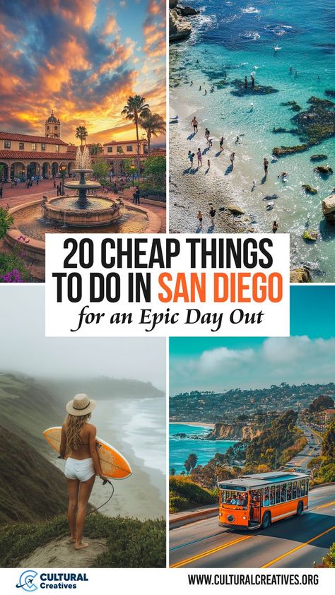 Collage of San Diego highlights including a sunset plaza, a vibrant beach, a surfer overlooking the coast, and a scenic trolley, showcasing 20 Cheap Things to Do in San Diego for an Epic Day Out. San Diego Things To Do In, Coronado Beach San Diego, Sea World San Diego, San Diego Travel Guide, Pacific Beach San Diego, La Jolla San Diego, San Diego Vacation, Old Town San Diego, Coronado Beach