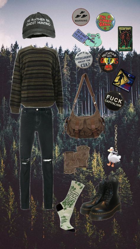 #cryptidcore #outfitinspo #nature #cryptidcoreoutfit #cryptidaesthetic #cryptidhunter #mothman #bigfoot #aliens #ghosts #ghosthunter #forest Cryptidcore Aesthetic Outfits, Cryptidcore Fashion, Cryptidcore Outfit, Cryptidcore Aesthetic, Steampunk Heart, Gender Fluid Fashion, Hunter Outfit, Ripped Jeans Outfit, Vulture Culture