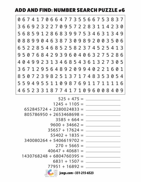 Add and Find: Number Search Puzzle Number 6 Number Search, Graphic Services, Number 6, Printed Paper, Custom Sign, Personal Touch, Banners, Custom Print, Word Search Puzzle