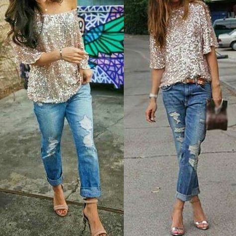 Sparkle Shirt Outfit, Sequin Tshirt Outfit, Sequin Shirt Outfit, Denim And Diamonds Party Outfit, Casual New Years Eve Outfits, Shiny Blouse, Three Quarter Sleeve Blouses, Ripped Jeans Outfit, Outfits New Year