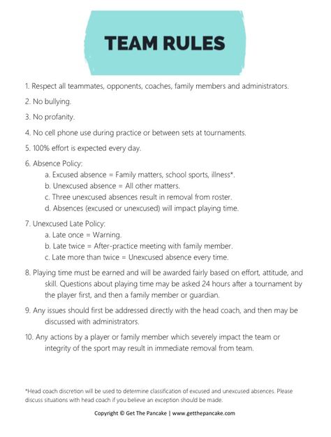 Volleyball Team Rules from Get The Pancake. Free download here: http://getthepancake.com/team-rules-a-free-printable-for-your-club-team/   #volleyball #sports #team #rules Rules For Volleyball, Cheer Rules And Expectations, Cheer Team Rules, Volleyball Rules For Beginners, Basic Volleyball Rules, Cheerleader Rules, Team Building Volleyball Drills, Cheerleading Rules And Expectations, Softball Team Rules