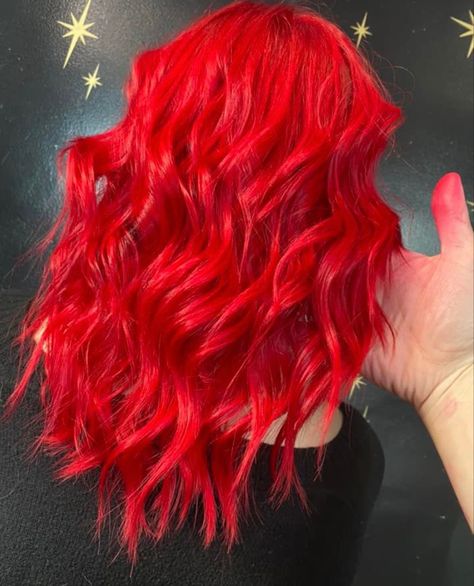 Fire Engine Red Hair Color, Neon Red Hair Color, Fire Truck Red Hair, Electric Red Hair, Bright Red Hair Color Short, Light Red Hair Dye, Bright Red Balayage Hair, Red Dye Hair, Vivid Red Hair Color