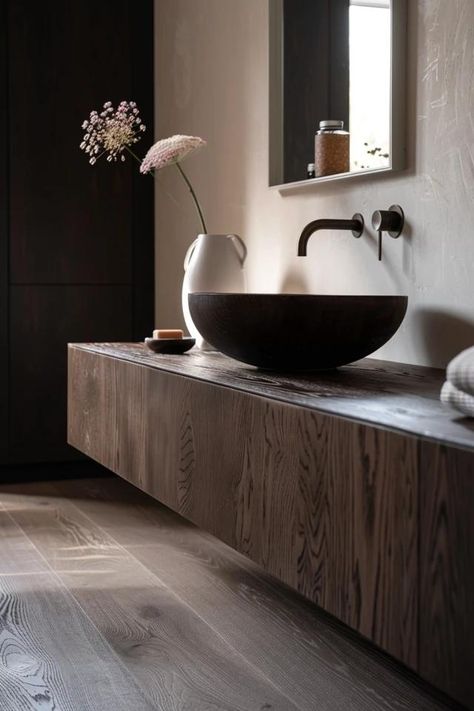 Elevate Your Space with Dark Wood Floor Bathroom Ideas Wood Floor Bathroom Ideas, Floor Bathroom Ideas, Dark Wood Vanity, Hardwood Floors In Bathroom, Dark Wood Floor, Bathroom Ladder, Wood Floor Bathroom, Light Colored Furniture, Hardwood Floors Dark