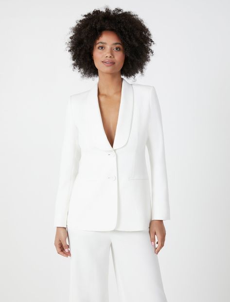 Luxury Wedding Blazer With Shawl Collar, White Shawl Collar Blazer For Formal Occasions, Classic White Shawl Collar Outerwear, White Fitted Shawl Collar Blazer, White Semi-formal Blazer With Shawl Collar, Shawl Collar Jacket, Contemporary Wedding Dress, Women Suits Wedding, Room Hacks