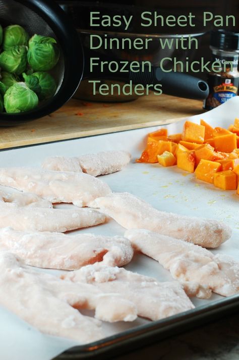 30 minutes to a great dinner of chicken, butternut squash and brussels sprouts! via @https://www.pinterest.com/tiffanyaking/ Chicken Tenderloins In Oven, Chicken Tenders Oven, Baking Frozen Chicken, Baked Chicken Tenderloins, Cooking Frozen Chicken Breast, Easy Sheet Pan Dinner, Strawberry Soup, Beef Teriyaki, Frozen Chicken Recipes