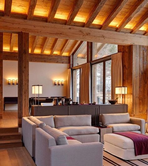 Famous Interiors, Chalet Interior, Scandi Interiors, Chalet Design, Chalet Style, Exposed Beams, Zermatt, Ceiling Design, Interior Lighting