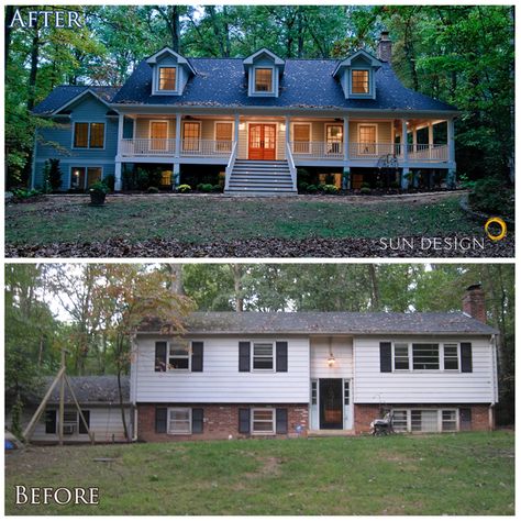 This home was transformed from a split-foyer into a french colonial.  What made this transformation was raising the entrance to the main level, building out the attic space for an added level, and relocating the staircase to access all 3 levels.  A master suite addition was added above the garage and a dramatic window wall addition to the rear of the home really brings the outdoors in. Split Level Exterior, Ranch Entrance, Raised Ranch Remodel, Split Level Remodel, Split Foyer, Architecture Renovation, House Makeovers, Ranch Remodel, Ranch Exterior