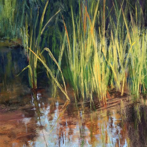 Grass Painting, Pond Life, Pastel Sec, Pastel Landscape, Pastel Paintings, Unique Drawings, Art Magazine, Art Folder, Water Reflections