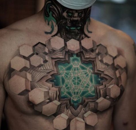 Tato 3d, Best 3d Tattoos, Tatoo 3d, Full Chest Tattoos, Kunst Tattoos, Sacred Geometry Tattoo, Biomechanical Tattoo, Geometry Tattoo, Cool Chest Tattoos