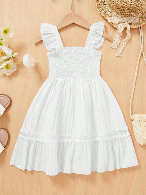 SHEIN Young Girl Flying Sleeves Shirred DressI discovered amazing products on SHEIN.com, come check them out! Kids White Dress, River Outfit, Kid Dress, White Dresses Graduation, Patchwork Fashion, Graduation Nails, Shirred Dress, Old Dresses, Girls Clothing