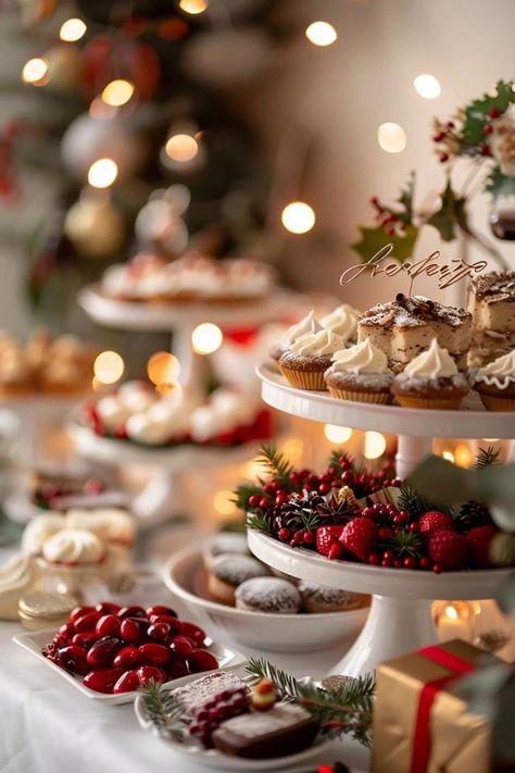 Festive Dessert Table Ideas for Christmas Magic Table Decor Ideas For Party, Christmas Dessert Party Table, Christmas Buffet Table Set Up Ideas, Christmas Snack Table Decor, Christmas Decorations Party Events, Christmas Sweet Tray Ideas, Christmas Dessert Centerpiece, Xmas Dessert Table, Christmas Decor Food Ideas