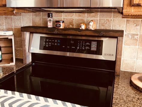 Oven Shelf Diy, Over The Stove Shelf, Stove Shelf, Oven Shelf, Farmhouse Boho Decor, Ladder Shelf Diy, Oven Diy, Diy Wood Stain, Diy Wood Stove