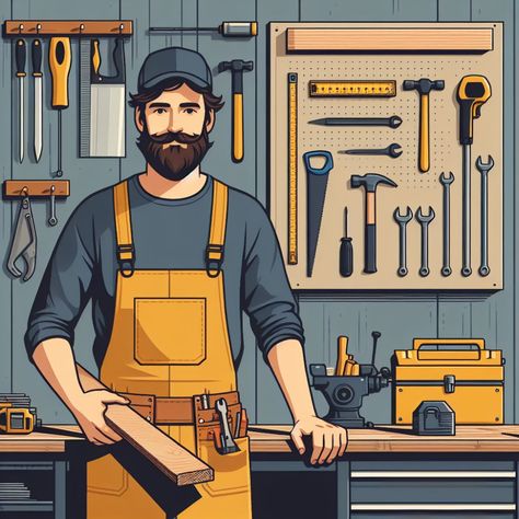 Free Download Vector: Carpenter in Workshop – Flat Style Illustration - vectorartworld.com Carpenter Illustration, Workshop Illustration, Carpentry Workshop, Wooden Plank, No Game No Life, Flat Style, Typography Art, Girls Characters, Free Vector Art