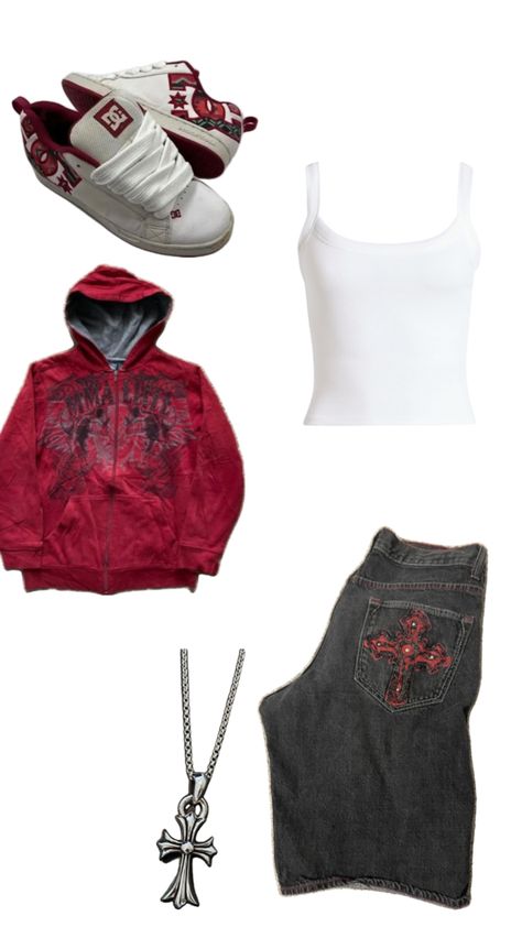 2024 y2k red zip up hoodie skull dc red and white shoes black graphic jorts with cross white tank top chrome hearts necklace #chromehearts #blackjorts #y2k #foryou Red Hoodie Outfit, Red And White Shoes, Dc Shoes Girls, Chrome Hearts Necklace, Black Hoodie Outfit, Red Top Outfit, Red Zip Up Hoodie, Grunge Fits, Outfit Inspo Casual