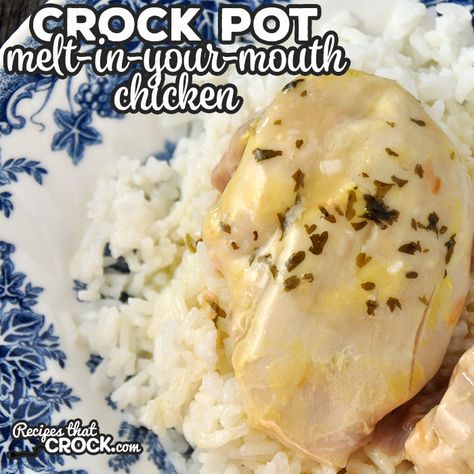 This super easy Crock Pot Melt-In-Your-Mouth Chicken recipe is sure to be a crowd pleaser that will be asked for over and over again! Melt In Your Mouth Chicken, Mouth Chicken, Chicken Breast Slow Cooker, Easy Crockpot Chicken, Crockpot Dishes, Chicken Slow Cooker Recipes, Crock Pot Slow Cooker, Crockpot Recipes Slow Cooker, Crockpot Meals