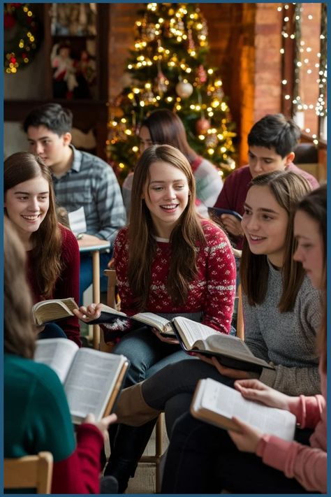 Group of teenagers smiling and reading books together in a festive room with a Christmas tree in the background. Christmas Lessons For Teens, Christmas Bible Study For Teens, Teen Bible Study Lessons, Christmas Bible Study, Teen Devotional, Teen Christmas Party, Teen Bible Study, Teen Study, Christmas Devotional