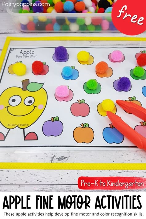 These FREE apple activities help kids develop their fine motor and color recognition skills. They include some fun pom pom mats plus an As is for apple worksheet (which can be used with dot markers or stickers). Such as fun addition to Pre-K, Preschool or Kindergarten centers. #finemotoractivities #finemotorskills #appletheme #appleactivities #coloractivities #pompommats #finemotor #prek #preschool #kindergarten #fallactivities Apple Pom Pom Activity, Pom Pom Color Sorting, Apple Preschool Fine Motor, Apple Occupational Therapy Activities, Apple Dot Marker Printable, Apple Small Group Activities Preschool, Apple Sorting Preschool, Preschool Tracing Activities, Morning Centers Preschool