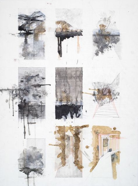 "Whalers Bay – Atmosphere" 2013, 760mm X 560mm, pencil, watercolor, coffee, thread, gesso, and lead shavings on paper -- http://cargocollective.com/alexdavies: Atmosphere Architecture Drawing, Architecture Atmosphere Drawing, Atmospheric Drawing Architecture, Atmospheric Drawing, Atmosphere Drawing, Architecture Drawing Sketchbooks, Watercolor Architecture, Architecture Collage, Architecture Graphics