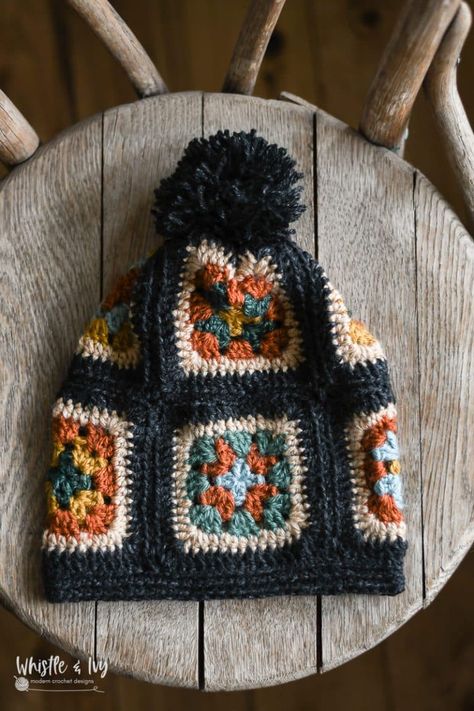 Classic meets modern with some boho flair when you make this crochet granny square hat! Great for advanced beginners, and perfect for stash busting scraps! Pattern includes sizing from infant to adult. #crochethat #grannysquarehat #grannysquareslouchy #moderncrochet #moderngrannysquare Granny Square Winter Hat Pattern, Crochet Hats Granny Square, Crochet Hippie Hat, Crochet Granny Square Beret, Sun Burst Granny Square Free Pattern, Granny Square Crochet Hat Pattern, Granny Square Ear Warmer, Crochet Granny Square Hats, Crochet Free Scarf Patterns