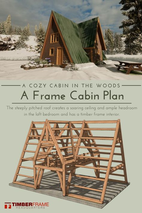 Open Loft Bedroom, Timber Frame Interior, Cozy Cabin In The Woods, A Frame Cabin Plans, Frame Interior, A Frame Cabins, A Frame House Plans, Loft Bedroom, Frame Cabin