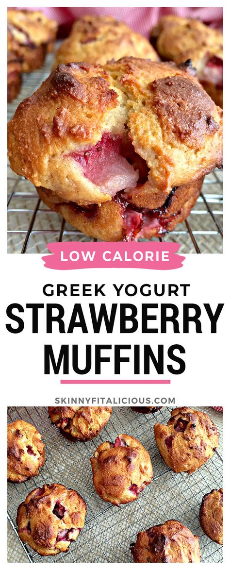 Healthy Strawberry Greek Yogurt Muffins! 84 calories and made with nourishing ingredients. #healthy #strawberry #muffin #Greekyogurt #lowcalorie #glutenfree Super Healthy Muffin Recipes, Things To Do With Vanilla Greek Yogurt, Healthy Muffins Strawberry, Healthy Baking Low Calorie, Healthy Strawberry Desserts Clean Eating, Healthy Muffins Low Calorie, Yogurt Based Recipes, Strawberry Yogurt Recipes Ideas, Gf Strawberry Recipes