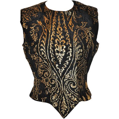 Preowned Carolina Herrera Black With Gold Lame Embroidered Evening Top (£630) ❤ liked on Polyvore featuring tops, shirts, vintage, black, holiday shirts, carolina herrera top, evening tops, shirt top and carolina herrera Corset Blouses, Artistic Outfits, Black And Gold Shirt, Winter Cocktail, Superhero Suits, Black Corset Top, Gold Shirt, Gold Lame, Evening Tops