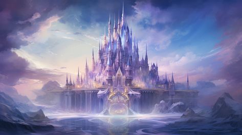 A majestic castle, its spires made of translucent purple crystals, stands tall against a cerulean sky. Inside, the court of the gemstone monarchs dances in eternal merriment. Purple Kingdom Fantasy Art, Purple Kingdom Aesthetic, Fairy Court, Purple Castle, Majestic Castle, Snow Castle, Purple City, Aurora Sky, Crystal Kingdom