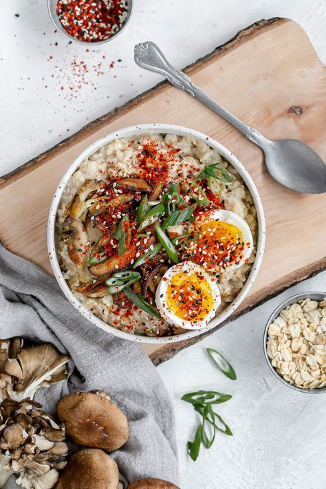 Savoury Miso Oatmeal Miso Oatmeal, Savoury Oatmeal, Sweet Oatmeal, Medium Boiled Eggs, Oatmeal Flavors, Aip Breakfast, Savory Oatmeal, Gourmet Food Plating, Dried Chili Peppers