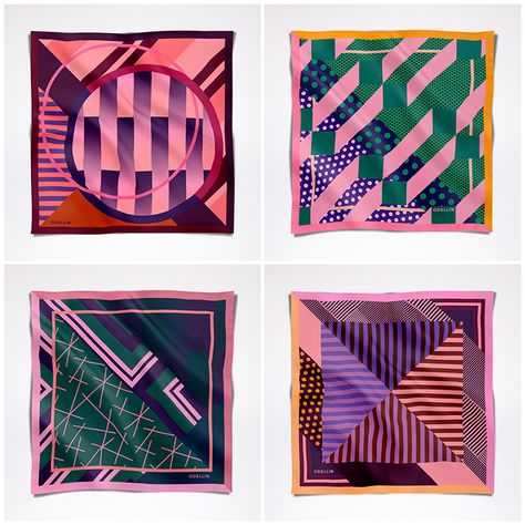 Odellin's geometric & colourful silk scarf collection [3] | Pitter Pattern Scarf Geometric Design, Print Patterns Fashion Design, Silk Scarf Pattern, Scarf Print Pattern, Print Scarf Design, Geometric Accessories, Silk Scarfs, Geometric Scarf, Scarf Collection