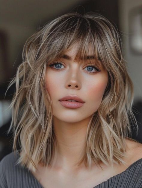 Haircut Shoulder Length Bangs, Shadow Root With Bangs, Medium Length Fringe Haircut, Bangs In Your 40s, Blonde Balayage Bangs, Long Bob With Bangs Fine Hair, Voluminous Curtain Bangs, Lob With Fringe, Shaggy Lob With Bangs