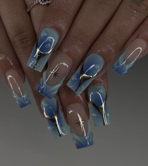 Blue Unique Nails, Blue Nails Ideas Square, Powder Blue Nails Designs, Nails Art Bleu, Periwinkle Nails Designs, Blue Square Acrylic Nails, Blue And White Nail Designs, Nails Bleu, Blue Nail Inspiration