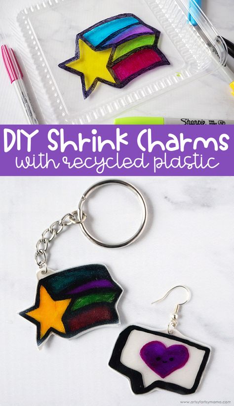 DIY Shrink Charms with Recycled Plastic | artsy-fartsy mama How To Make Shrink Plastic Keychain, How To Make Plastic Earrings, Shrinkable Plastic Diy, Diy Shrink Plastic How To Make, Plastic Keychain Shrink, Plastic Charms Diy, Shrink Art Diy, Shrink Charms Diy, Diy Shrink Plastic Keychain