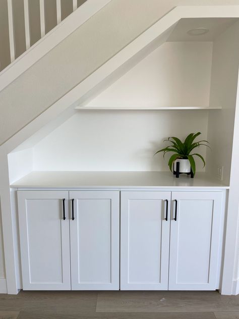 The perfect storage solution for this space was built-in cabinets under stairs. Stairs Basement Ideas, Cabinets Under Stairs, Storage Under Stairs, Cabinet Under Stairs, Stairs Basement, Under Stairs Nook, Stair Nook, تحت الدرج, درج السلم