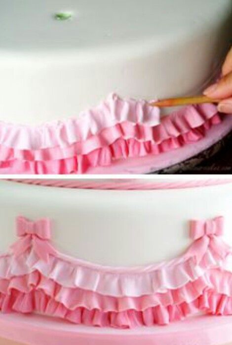 Ruffles and bows Fondant Ruffles, Fondant Techniques, Fondant Decorations, Baptism Cake, Cake Icing, Cake Decorating Tutorials, Cake Tutorial, Cake Decorating Tips, Fancy Cakes