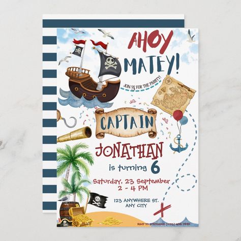 Pirate Watercolor, Pirate Ship Anchor, Pirate Birthday Party Invitations, Kids Pirate Party, Pirate Party Invitations, Pirate Hook, Pirate Birthday Invitations, Pirate Themed Birthday Party, Pirate Invitations